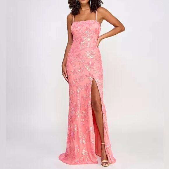 Emerald Sundae Juniors' Floral-Sequined Gown Coral/Peach Sz M NWT - Picture 1 of 10